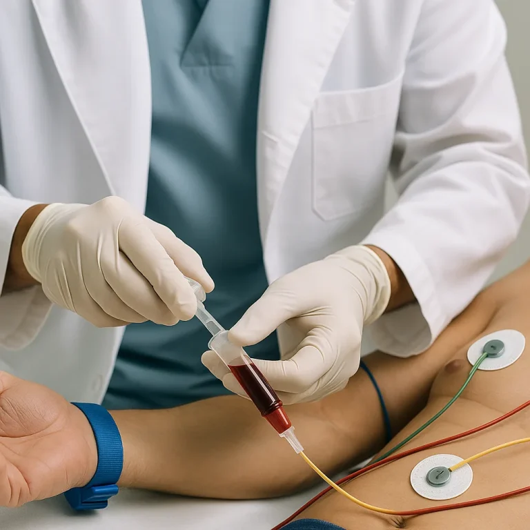Doctor performing blood test while patient is connected to ECG wires