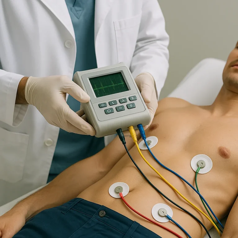 Patient undergoing ECG test with electrodes and monitoring device